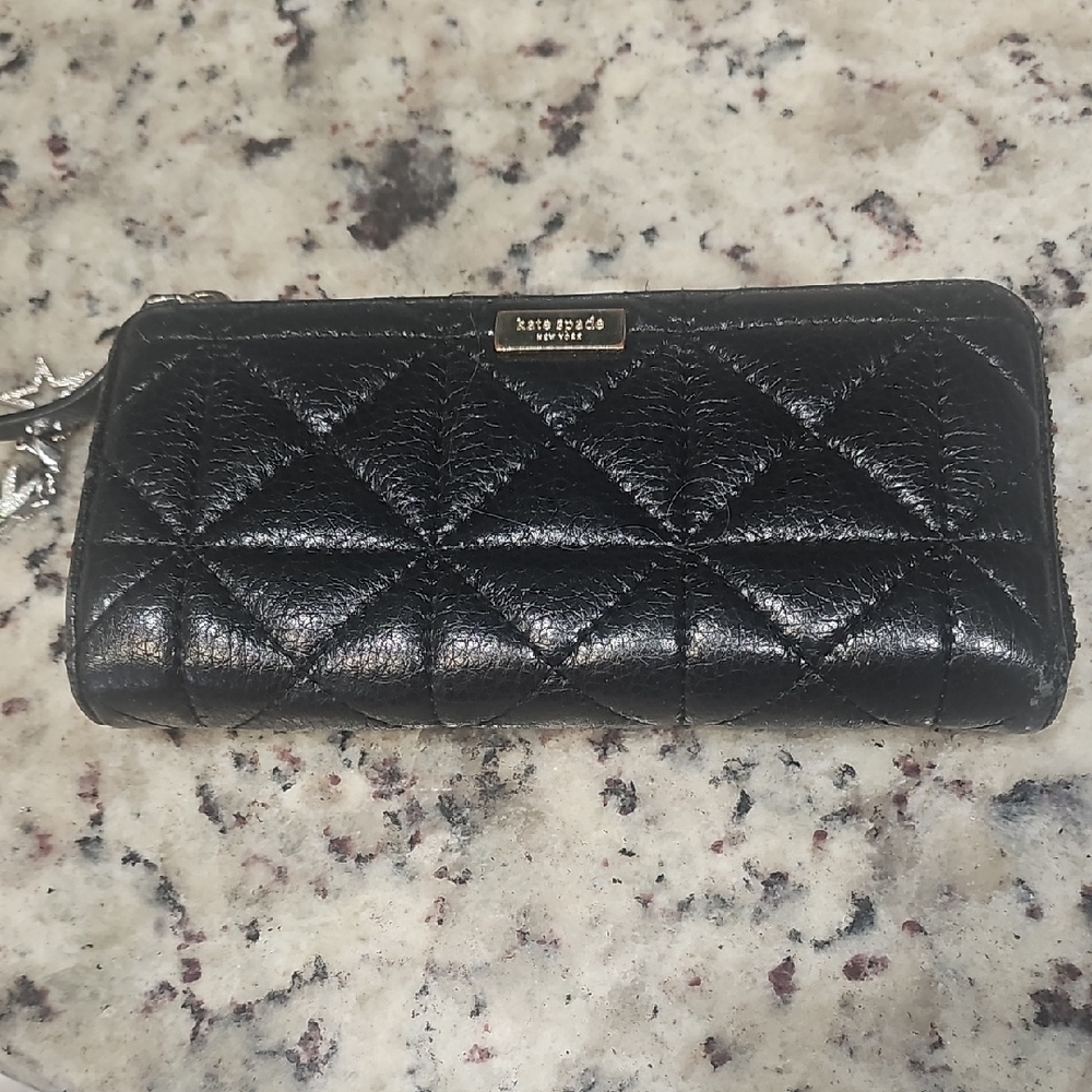 kate spade Black Quilted Leather Zip-Around Wallet with Logo Plaque